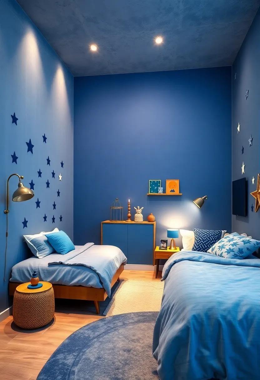 Whimsical touch: Use whimsical blue decals in star and moon shapes on the walls, layering with starry night lamps for a dream-like ambiance